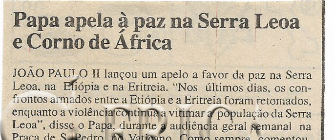 Papa apela à paz na Serra Leoa e Corno de áfrica – 18 de Maio de 2000