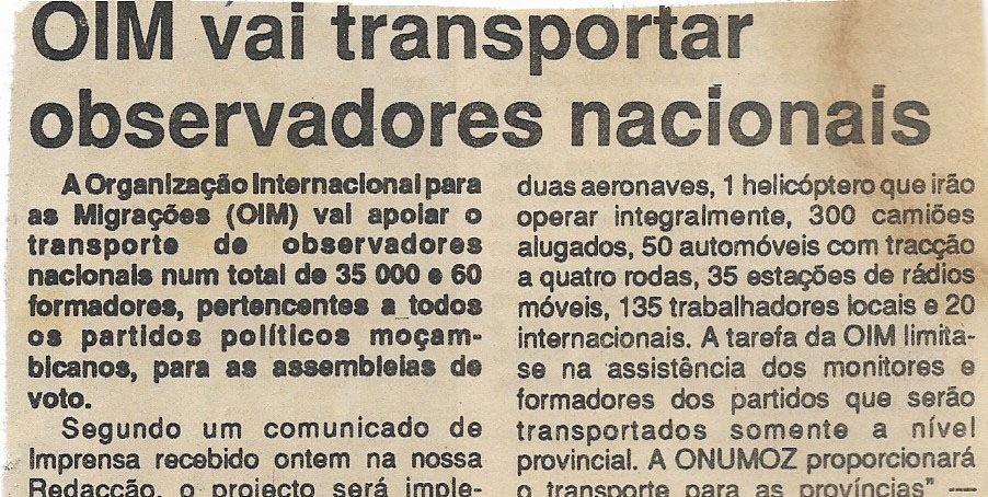 OIM vai transportar observadores nacionais – 04 de Outubro de 1994