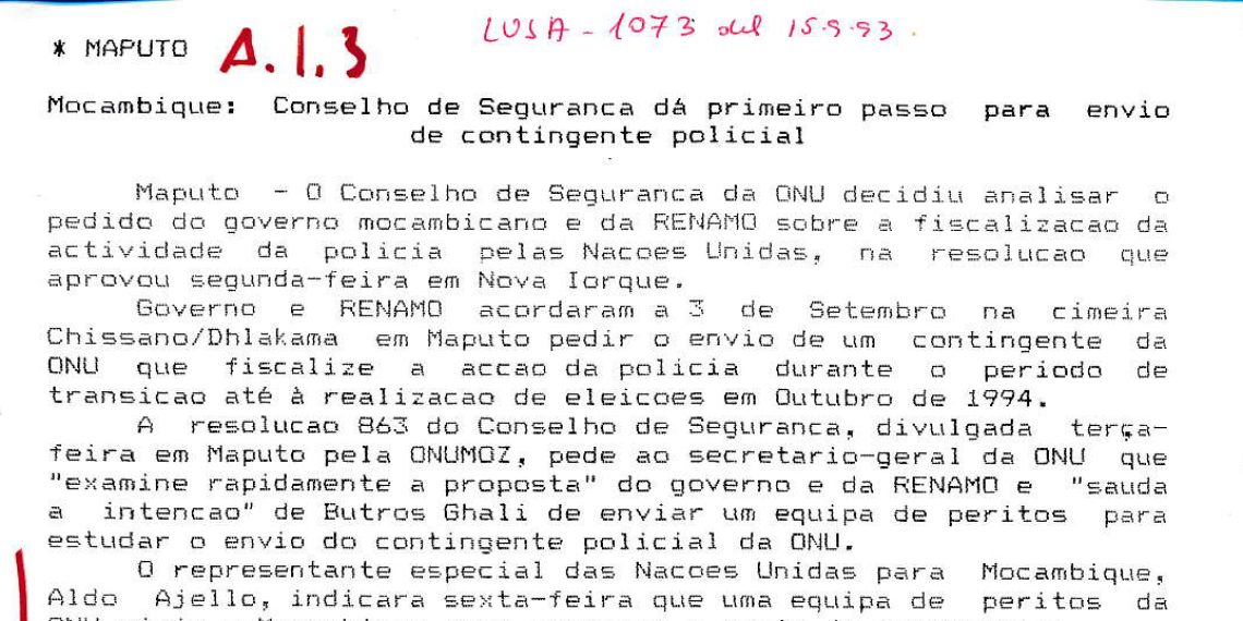 Moçambique: Conselho de Segurança dá primeiro passo para envio de contingente policial – 15 de Setembro de 1993