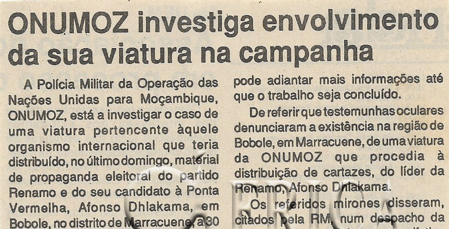 ONUMOZ investiga envolvimento da sua viatura na campanha – 19 de Outubro de 1994