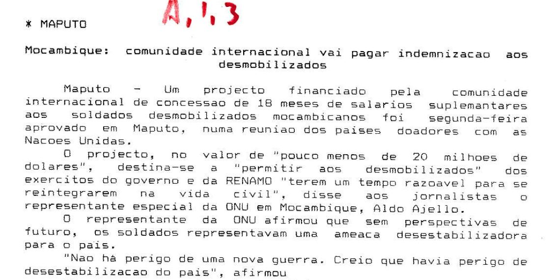 Moçambique: Comunidade Internacional vai pagar indeminização aos desmobilizados – 01 de Fevereiro de 1994