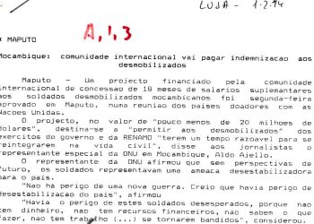 Moçambique: Comunidade Internacional vai pagar indeminização aos desmobilizados – 01 de Fevereiro de 1994