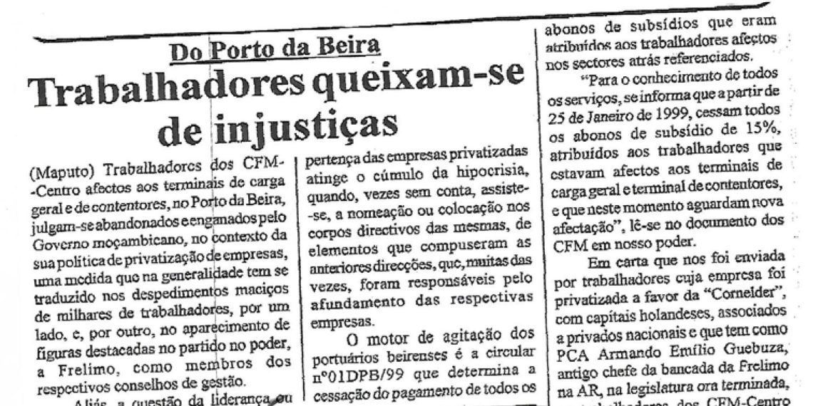 Do Porto da Beira: Trabalhadores queixam-se de injustiças – 18 de Novembro de 1999