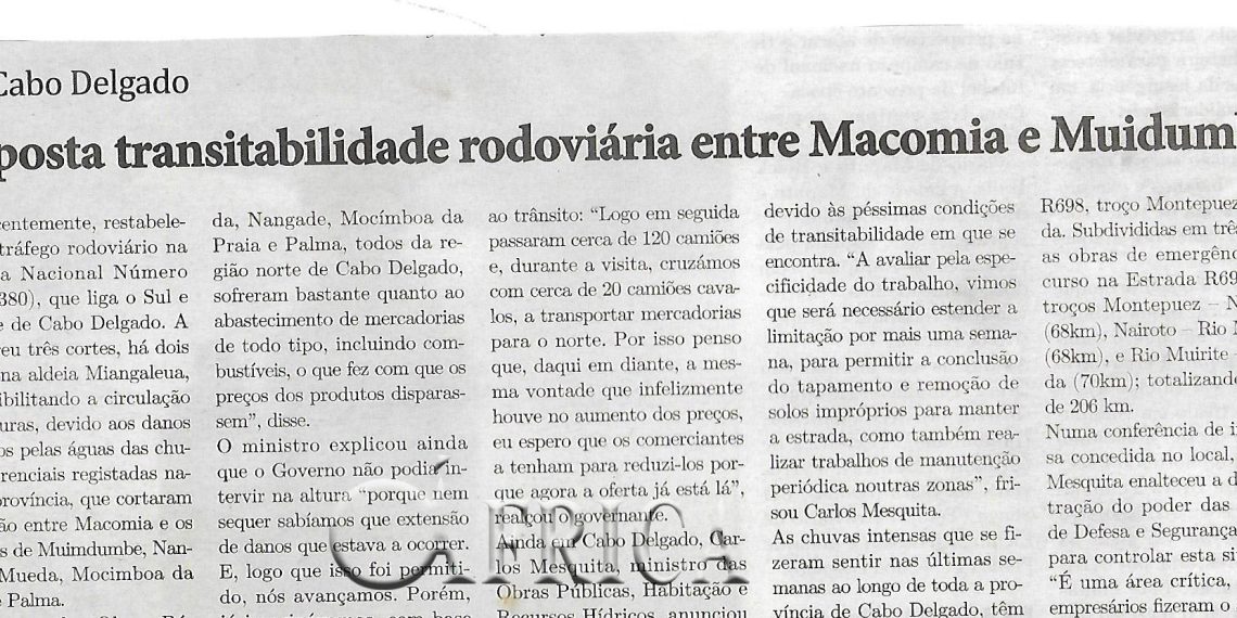 Em Cabo Delgado: Reposta transitabilidade rodoviária entre Macomia e Muidumbe – 16 de Abril de 2024