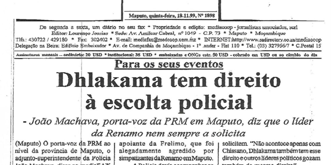 Para os seus eventos Dhlakama tem direito à escolta policial – 18 de Novembro de 1999