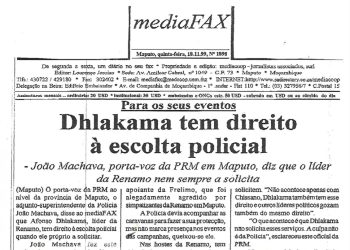 Para os seus eventos Dhlakama tem direito à escolta policial – 18 de Novembro de 1999