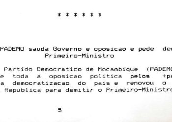 Moçambique: PADEMO saúda Governo e oposição e pede demissão do Primeiro-Ministro –  29 de Dezembro de 1993
