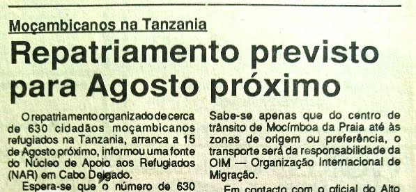 Moçambicanos na Tanzania: Repatriamento previsto para Agosto próximo – 18 de Julho de 1994