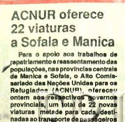 ACNUR oferece 22 viaturas a Sofala e Manica – 21 de Julho de 1994