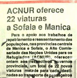 ACNUR oferece 22 viaturas a Sofala e Manica – 21 de Julho de 1994