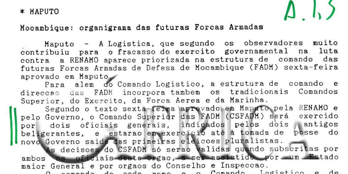 Moçambique: organigrama das futuras Forças Armadas – 13 de Agosto de 1993