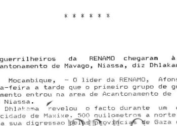 Primeiros guerrilheiros da RENAMO chegaram à Área de Acantonamento de Mavago, Niassa, diz Dhlakama – 01 de Dezembro de 1993