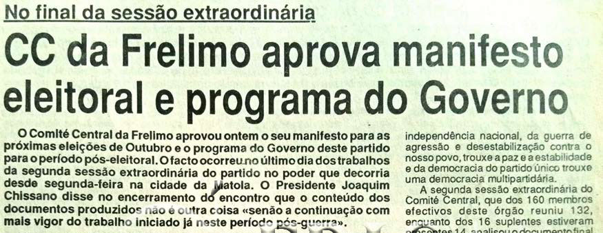 No final da sessão extraordinária: Comité Central da Frelimo aprova manifesto eleitoral e programa do Governo – 09 de Junho de 1994