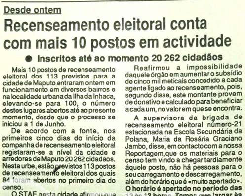 Desde ontem: Recenseamento eleitoral conta com mãos 10 postos em actividade – 09 de Junho de 1994