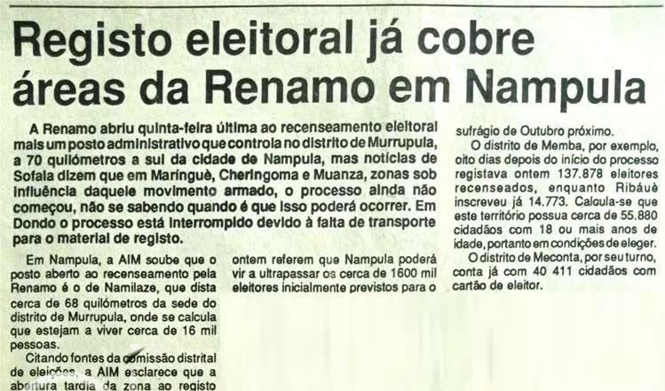 Registo eleitoral já cobre áreas da Renamo em Nampula – 11 de Junho de 1994