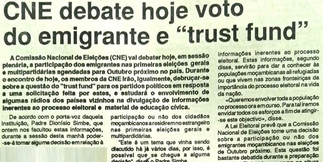 Comissão Nacional de Eleições debate hoje voto do emigrante e “trust fund” – 17 de Junho de 1994