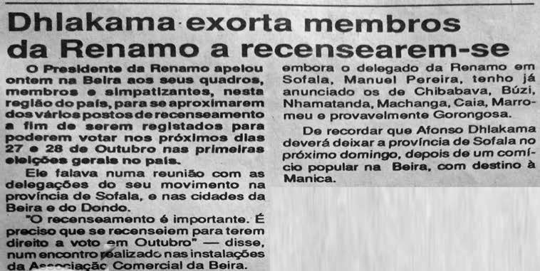 Dhlakama exorta membros da Renamo a recensearem-se – 22 de Junho de 1994