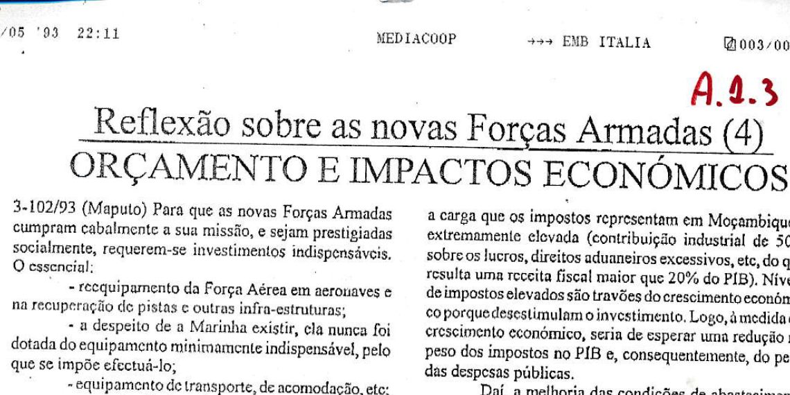 Reflexão sobre as novas Forças Armadas: Orçamento e Impactos Económicos – 27 de Maio 1993