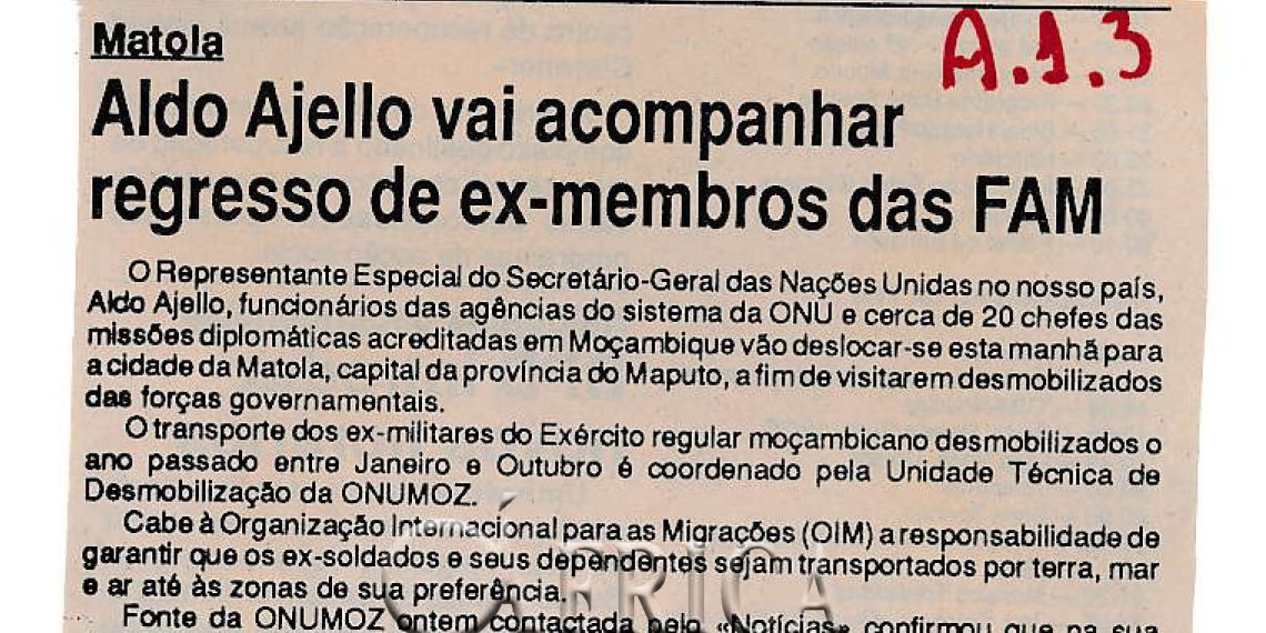 Matola: Aldo Ajello vai acompanhar regresso de ex-membros das FAM – 01 de Junho de 1993