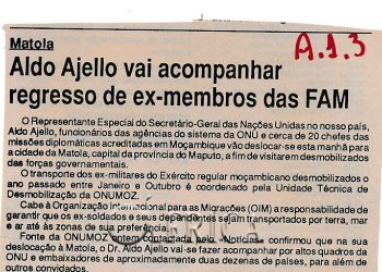 Matola: Aldo Ajello vai acompanhar regresso de ex-membros das FAM – 01 de Junho de 1993