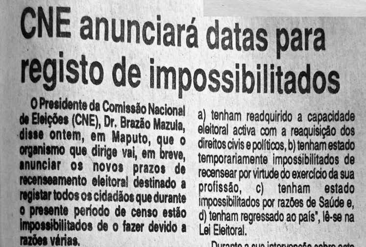 CNE anunciará datas para registo de impossibilitados – 24 de Junho de 1994