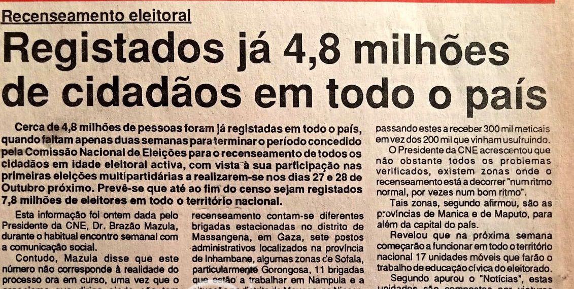 Recenseamento eleitoral: Registados já 4,8 milhões de cidadãos em todo o país – 03 de Agosto de 1994