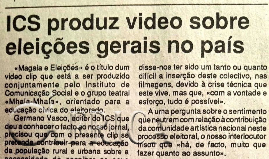 Instituto de Comunicação Social (ICS) produz vídeo sobre eleições gerais no país – 03 de Agosto de 1994
