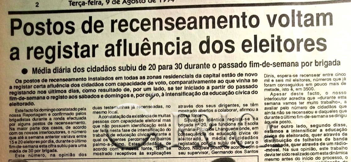 Postos de recenseamento voltam a registar afluência dos eleitores – 09 de Agosto de 1994