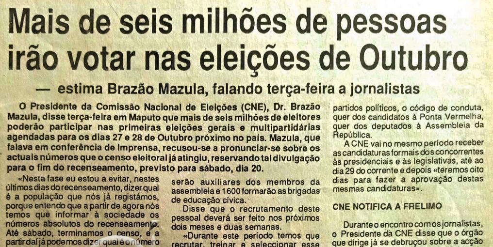 Mais de seis milhões de pessoas irão votar nas eleições de Outubro – 18 de Agosto de 1994