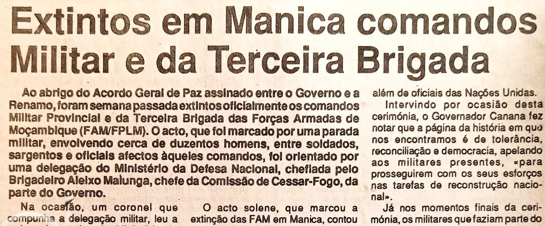Extintos em Manica comandos Militar e da Terceira Brigada – 15 de Agosto de 1994