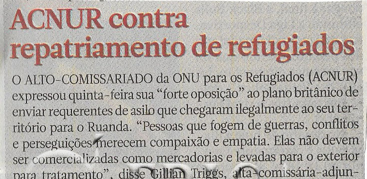 ACNUR contra repatriamento de refugiados – 16 de Junho de 2022
