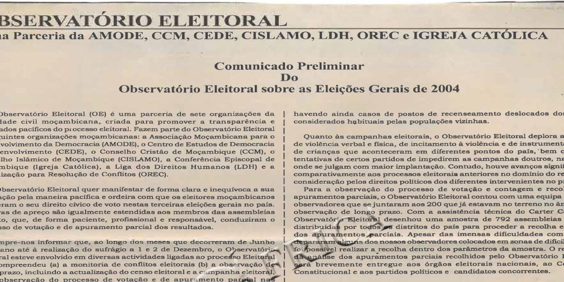 Observatório Eleitoral: Uma parceria da AMODE, CMM, CEDE, CISLAMO, LDH, OREC E IGREJA CATÓLICA – 09 de Dezembro de 2004