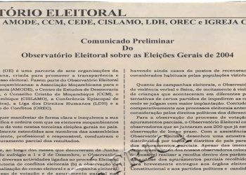 Observatório Eleitoral: Uma parceria da AMODE, CMM, CEDE, CISLAMO, LDH, OREC E IGREJA CATÓLICA – 09 de Dezembro de 2004
