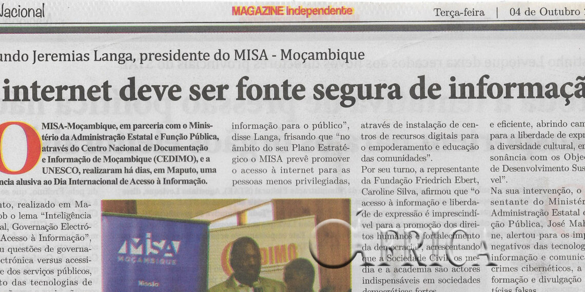 Segundo Jeremias Langa, Presidente do Misa – Moçambique: A internet deve ser fonte segura de informação – 04 de Outubro de 2022 (Magazine Independente)