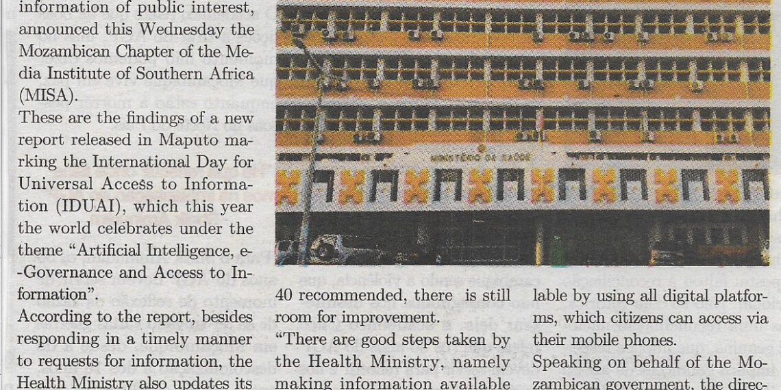 Health ministry the most transparent public institution in Mozambique – MISA – 04 de Outubro de 2022 (Magazine Independente)