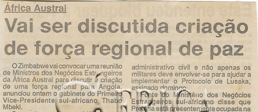 África Austral: Vai ser discutida criação de força regional de paz – 22 de Novembro de 1994 (Jornal Notícias)