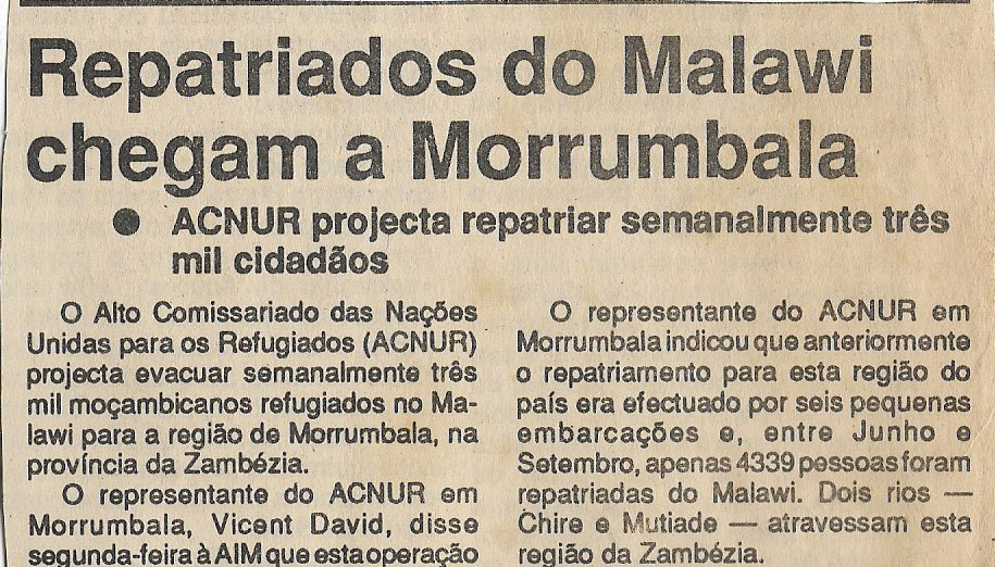Repatriados do Malawi chegam a Morrumbala – ACNUR projecta repatriar semanalmente três mil cidadãos – 05 de Outubro de 1994 (Jornal Notícias)