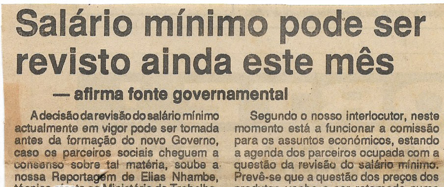 Salário mínimo pode ser revisto ainda este mês – afirma fonte governamental – 05 de Dezembro de 1994 (Jornal Notícias)