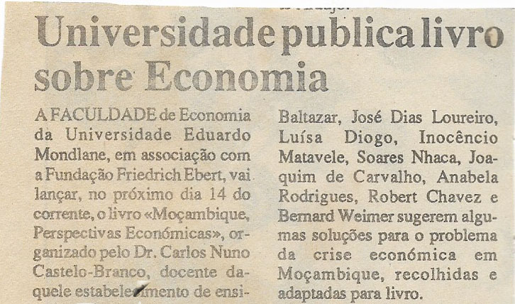 Universidade publica livro sobre Economia – 13 de Dezembro de 1994 (Jornal Notícias)