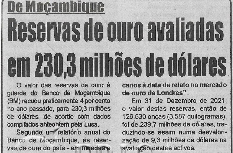 De Moçambique: Reservas de ouro avaliadas em 230,3 milhões de dólares – 14 de Julho de 2023 (Diário de Moçambique)