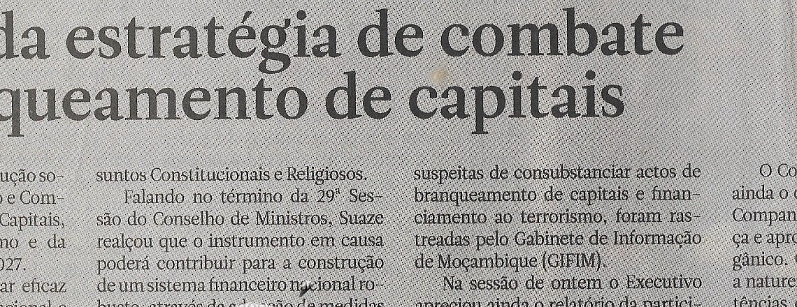 Aprovada a estratégia de combate ao branqueamento de capitais – 24 de Agosto de 2022 (Jornal Notícias)