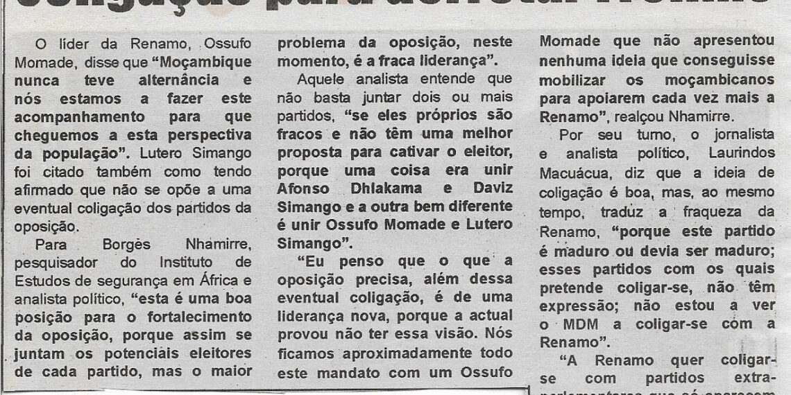 Oposição moçambicana considera coligação para derrotar Frelimo – 27 de Setembro de 2022 (Diário de Moçambique)