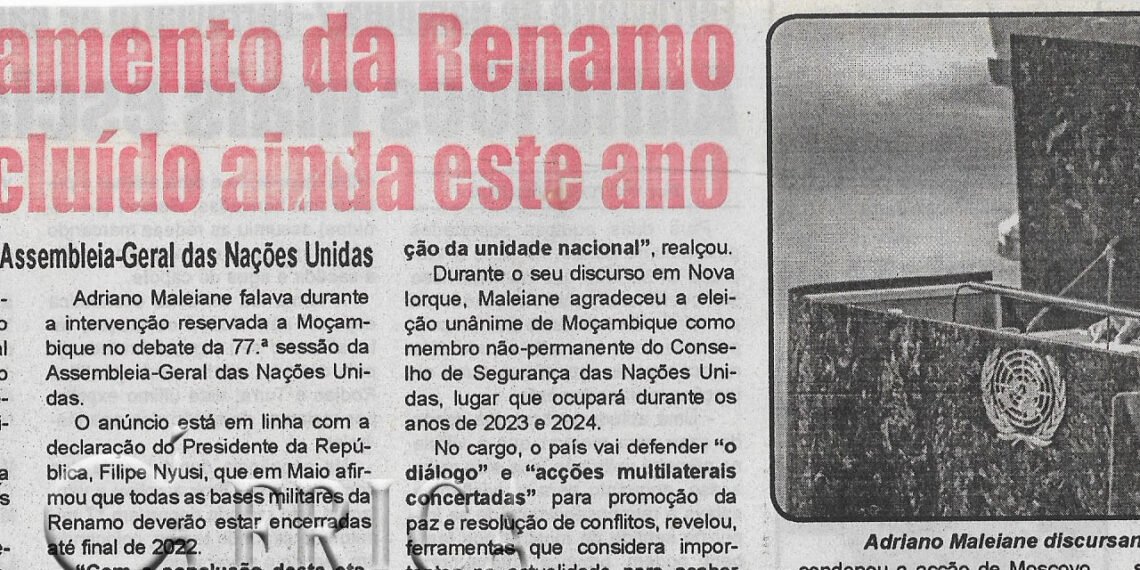 Desarmamento da Renamo será concluído ainda este ano – 26 de Setembro de 2022 (Diário de Moçambique)