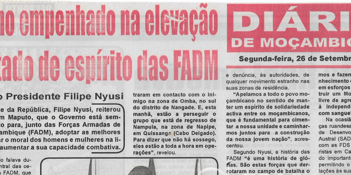 Governo empenhado na elevação do estado de espírito das FADM – 26 de Setembro de 2022 (Diário de Moçambique)