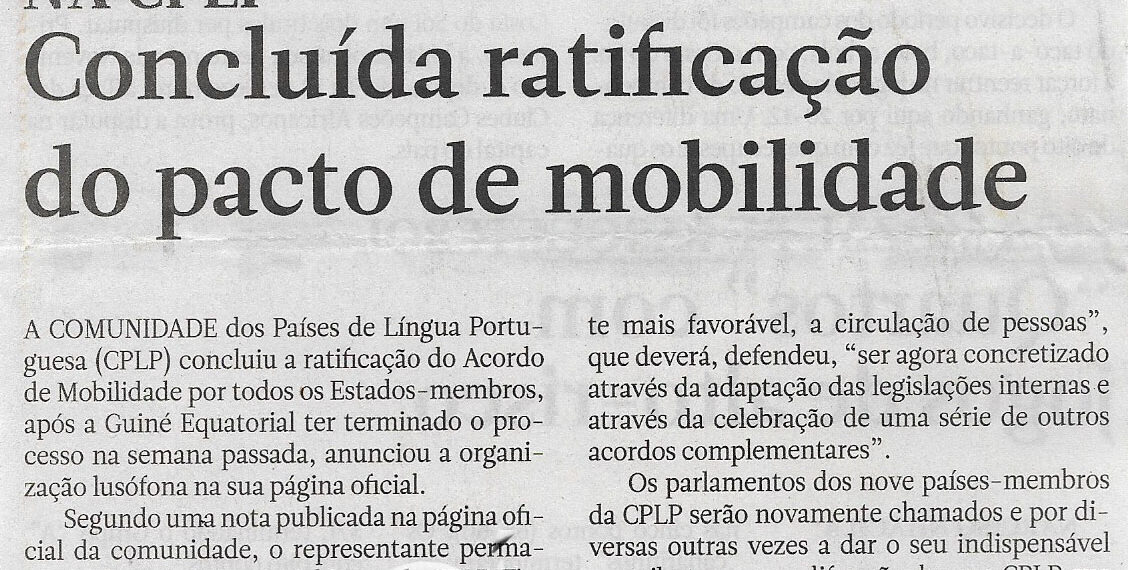 Na CPLP: Concluída ratificação do pacto de mobilidade – 09 de Novembro de 2022 (Jornal Notícias)