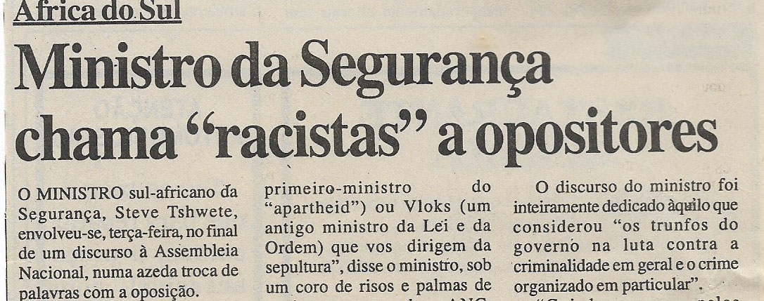 África do Sul: Ministro da Segurança chama “racistas” a opositores – 15 de Fevereiro de 2001 (Jornal Notícias)