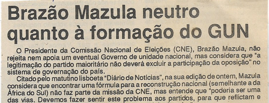 Brazão Mazula neutro quanto à formação do GUN – 20 de Outubro de 1994 (Jornal Notícias)