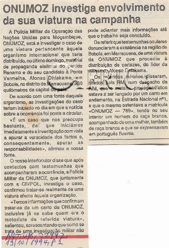 ONUMOZ investiga envolvimento da sua viatura na campanha – 19 de Outubro de 1994 (Jornal Notícias)