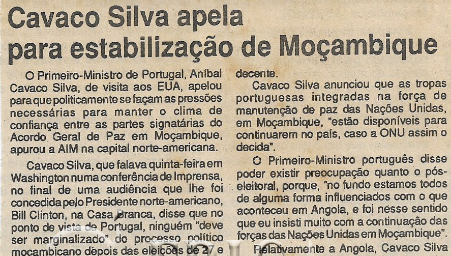 Cavaco Silva apela para estabilização de Moçambique – 15 de Outubro de 1994 (Jornal Notícias)