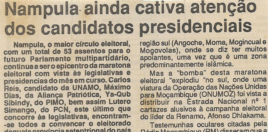 Nampula ainda cativa atenção dos candidatos presidenciais – 17 de Outubro de 1994 (Jornal Notícias)